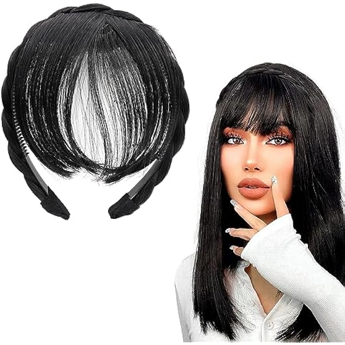 Goodern Front Bangs Fringe Extensions Headband - Fashion Women Braided Hoop Natural Synthetic Wig Bang Hairpieces Daily Wear Fake Forehead Hair Headband for Women Girls - Black - Image 1